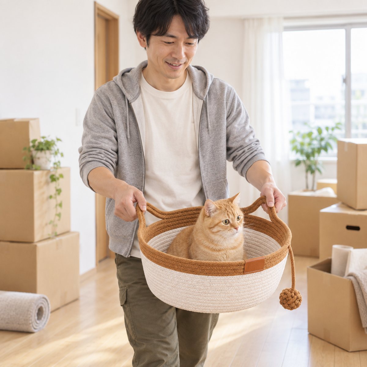 引っ越しの日、かごごと猫を運ぶ