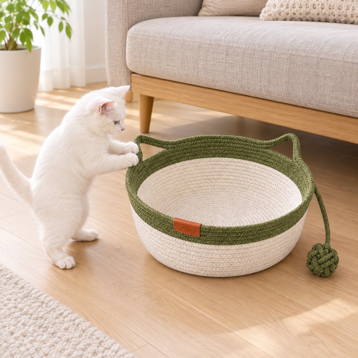 かごの縁で爪をとぐ猫（仮）