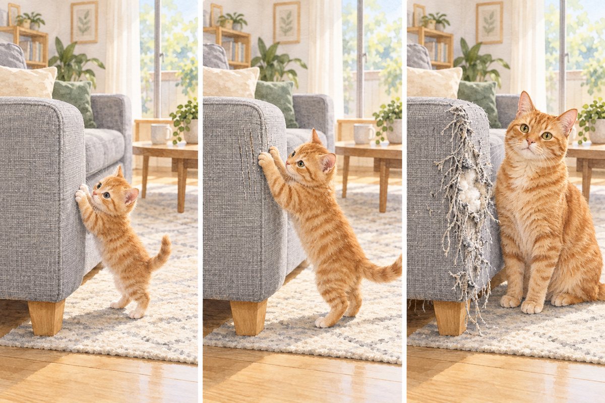 迎えた子猫が、同じソファの角でとぎ続ける