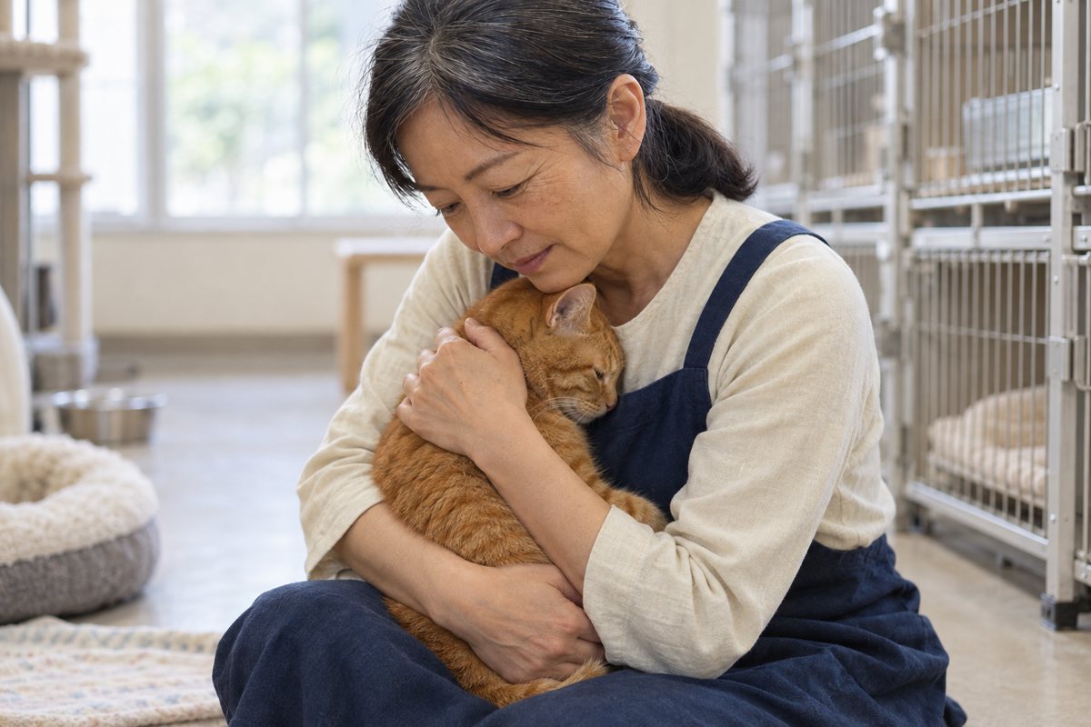 茶トラのむぎを抱く水野さん