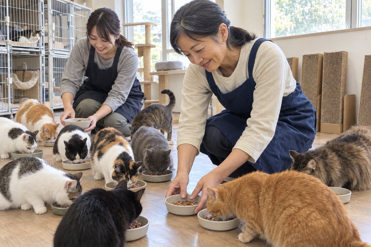 施設で猫にごはんをあげる水野さんとスタッフ